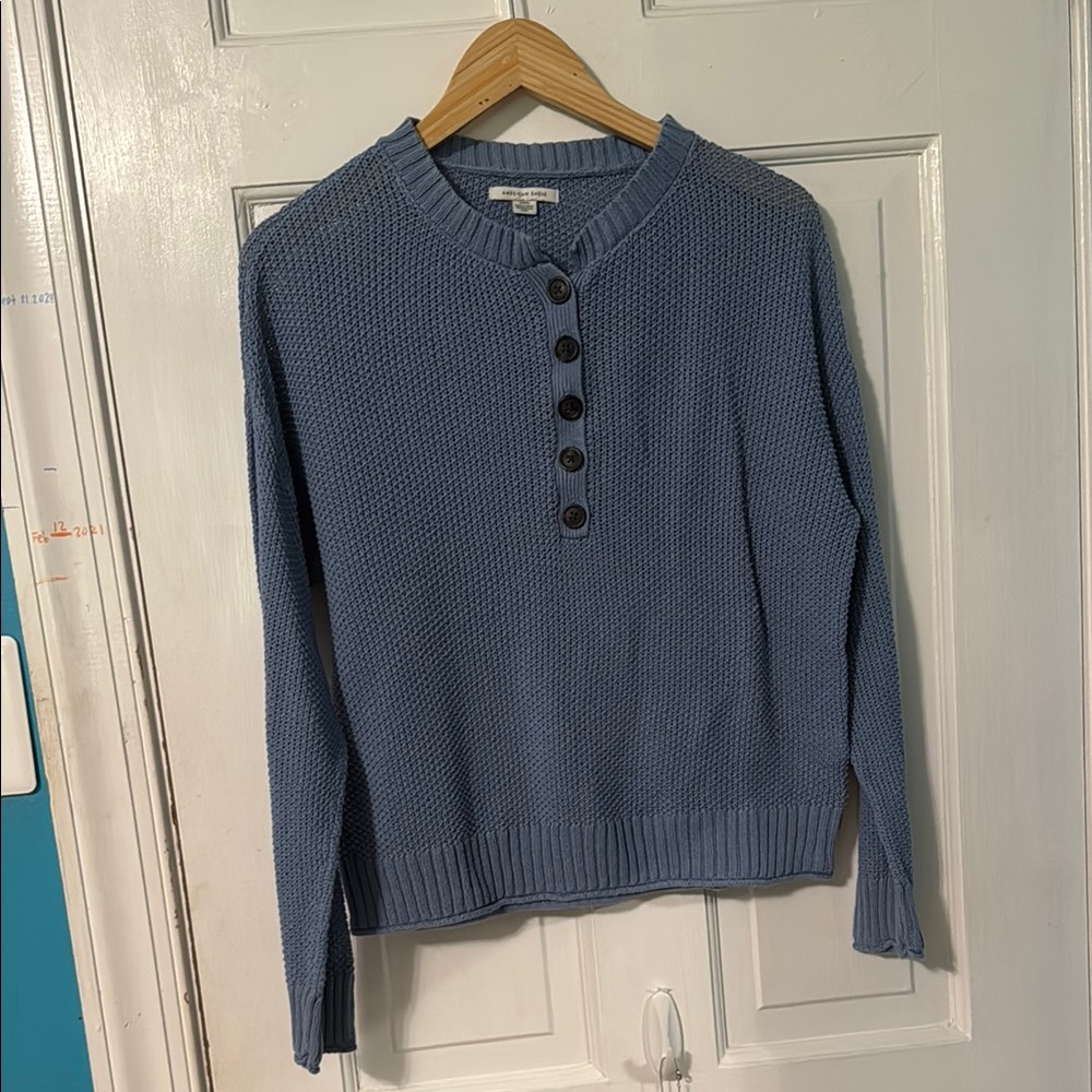 American Eagle Waffle Knit Henley Blue Crew Neck Sweater
